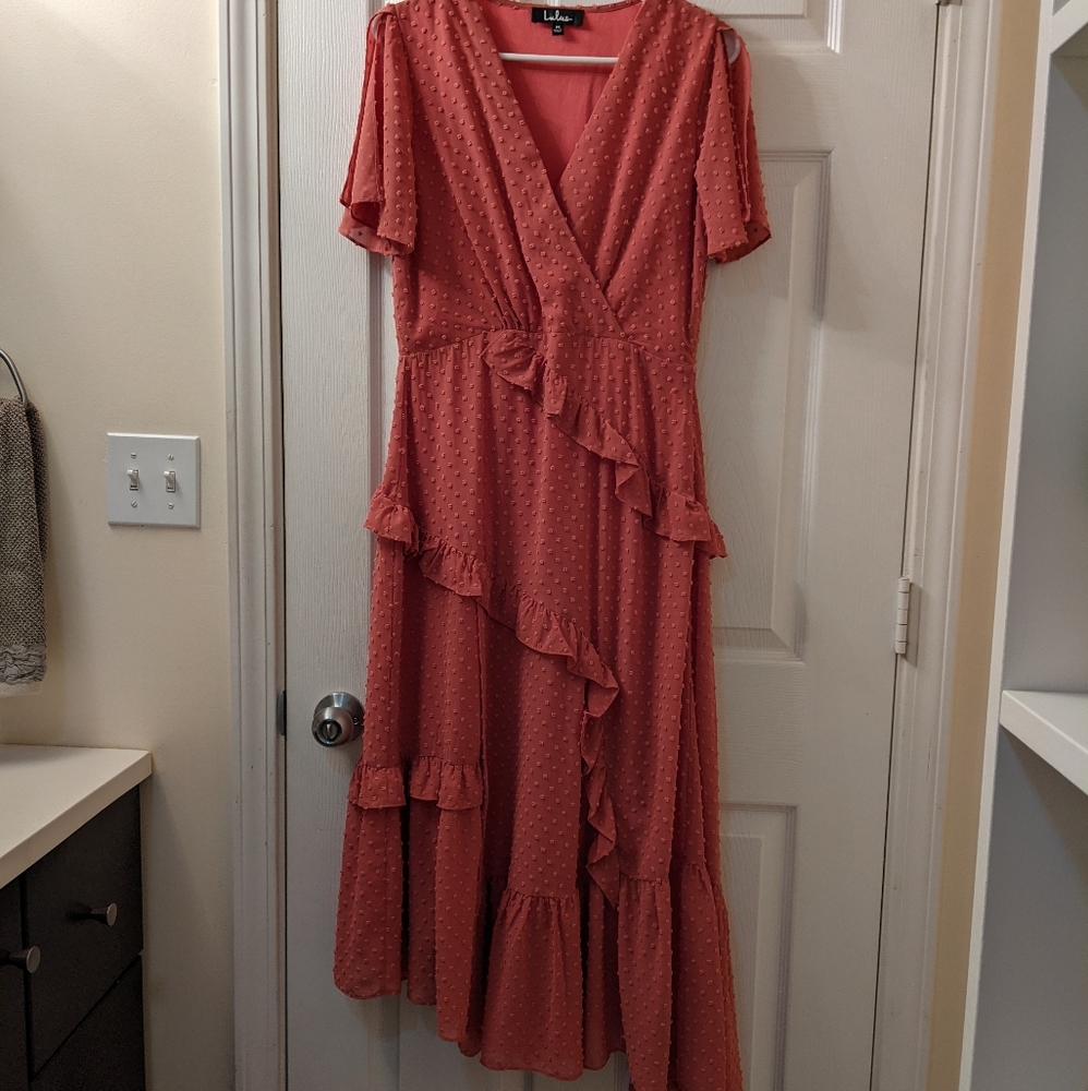 Lulu's Next To You Rusty Rose Swiss Dot Ruffle Midi Dress